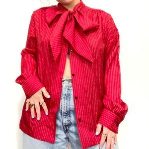 Vintage 90s Red Pussy Bow Tie Button Up Vertical White Stripes Handmade Top